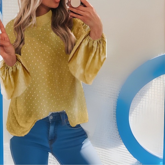 Breathtaking Mandarin Collar Unique Lower Puffy Sleeve Dot Mustard Yellow Blouse - Picture 2 of 6